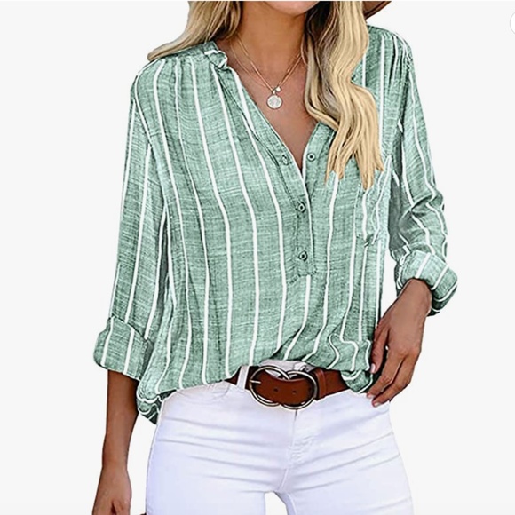 Yidarton striped cool sage Tunic Shirt. - Picture 1 of 11